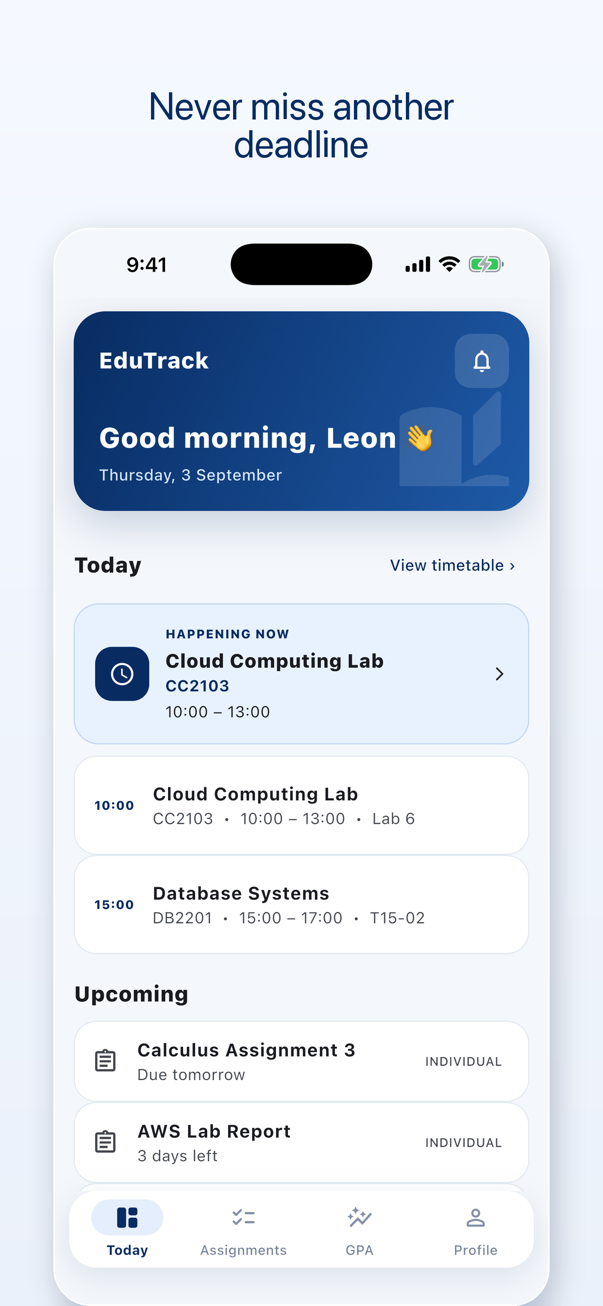 EduTrack dashboard showing classes and upcoming assignments
