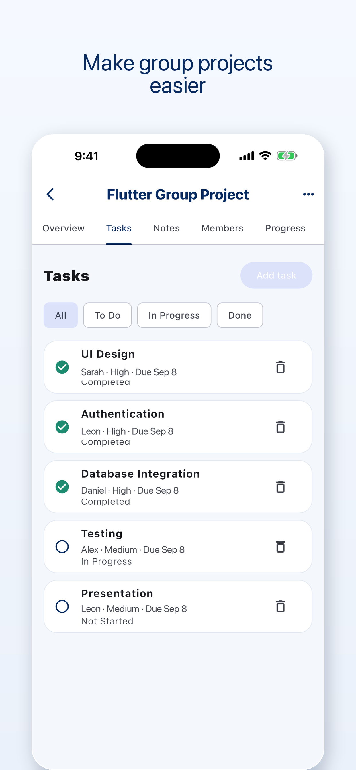 EduTrack group project task screen