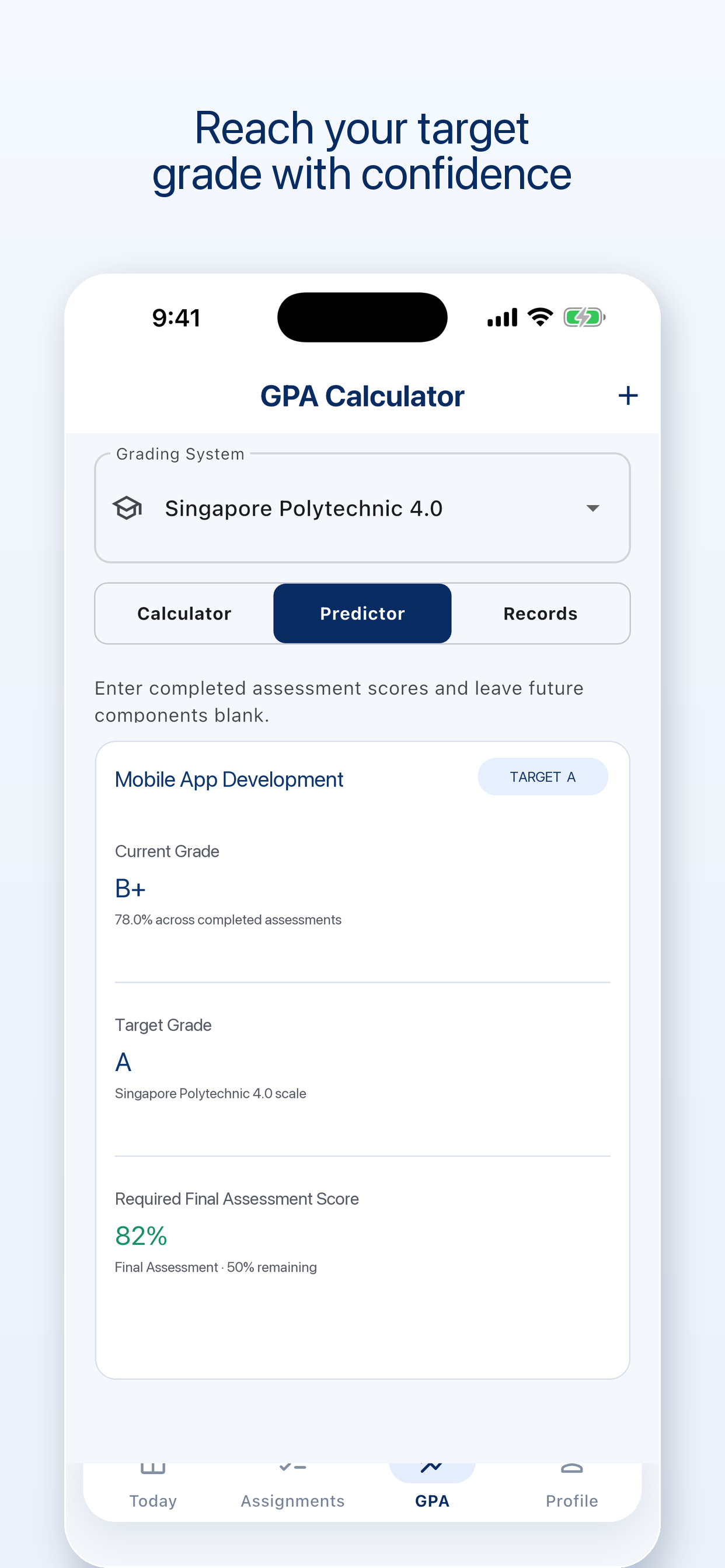 EduTrack Grade Predictor showing a target grade